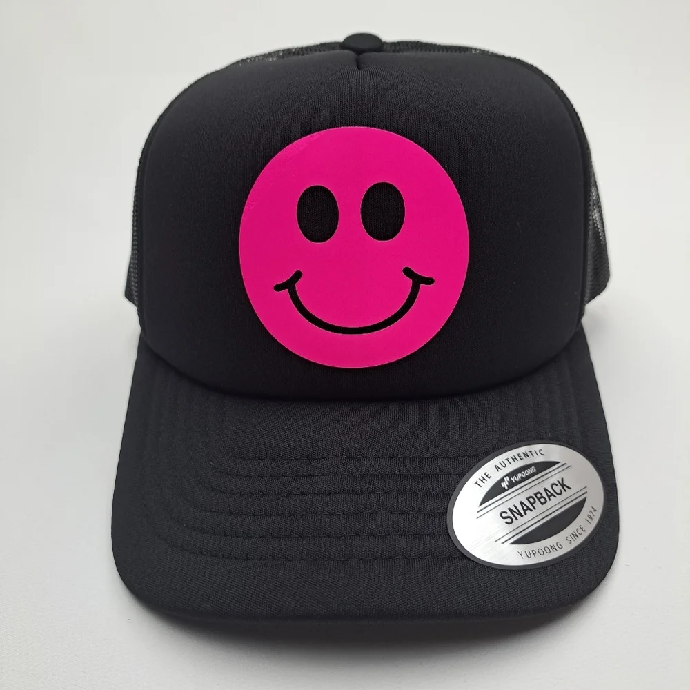 Smiley Face Glow in the Dark Pink Foam Trucker Mesh Snapback Cap Hat Black